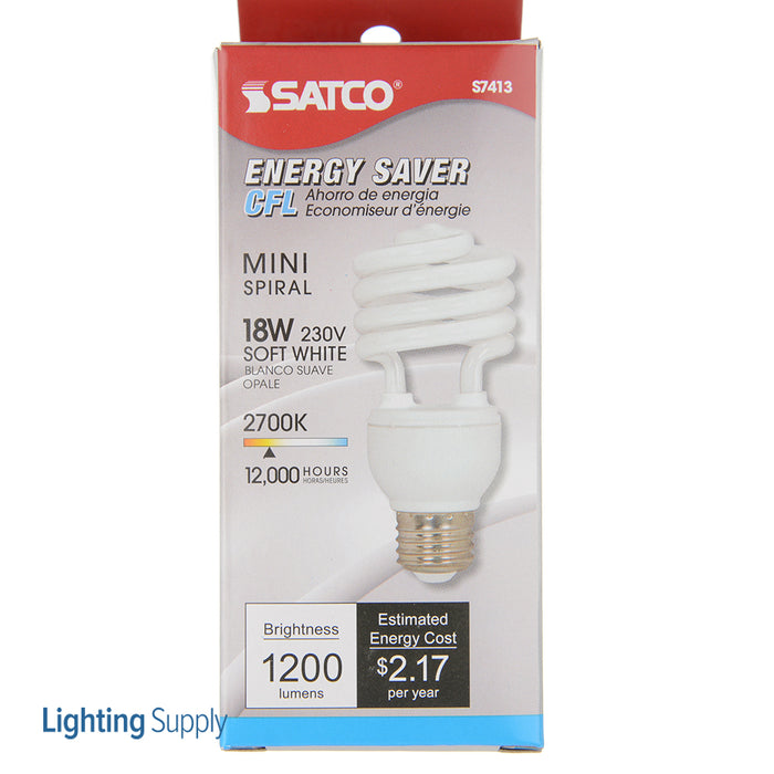 SATCO/NUVO 18T2/27/230V 18W Miniature Spiral Compact Fluorescent 2700K 82 CRI Medium Base 230V (S7413)