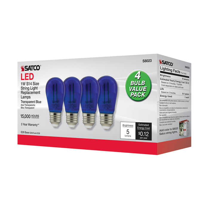 SATCO/NUVO 1W S14 LED Filament Blue Transparent Glass Bulb E26 Base 120V Non-Dimmable Pack Of 4 (S8023)