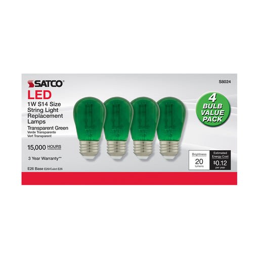 SATCO/NUVO 1W S14 LED Filament Green Transparent Glass Bulb E26 Base 120V Non-Dimmable Pack Of 4 (S8024)
