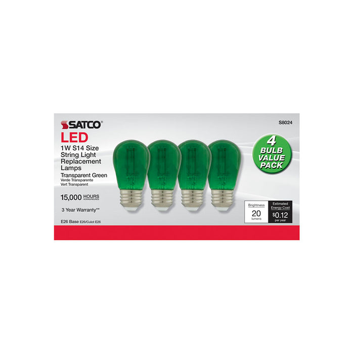 SATCO/NUVO 1W S14 LED Filament Green Transparent Glass Bulb E26 Base 120V Non-Dimmable Pack Of 4 (S8024)