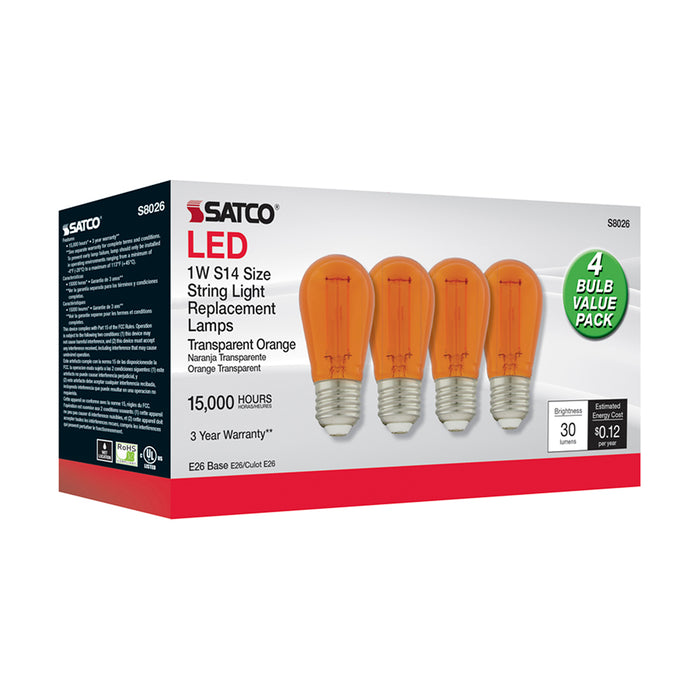 SATCO/NUVO 1W S14 LED Filament Orange Transparent Glass Bulb E26 Base 120V Non-Dimmable Pack Of 4 (S8026)