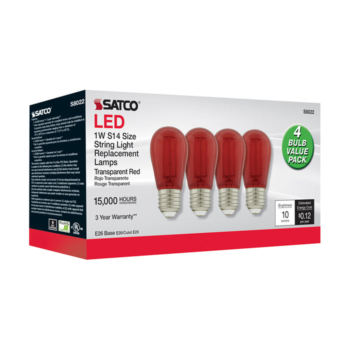 SATCO/NUVO 1W S14 LED Filament Red Transparent Glass Bulb E26 Base 120V Non-Dimmable Pack Of 4 (S8022)