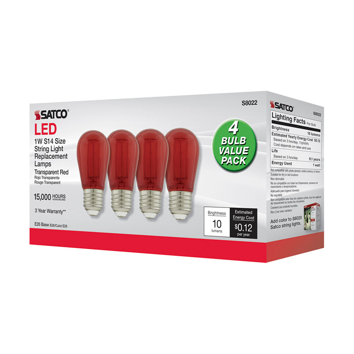SATCO/NUVO 1W S14 LED Filament Red Transparent Glass Bulb E26 Base 120V Non-Dimmable Pack Of 4 (S8022)