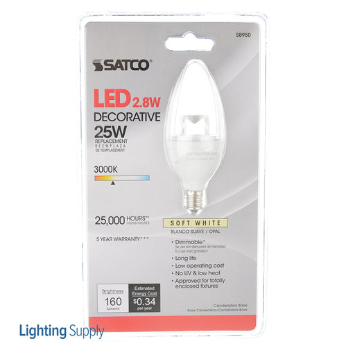SATCO/NUVO 2.8CTC/LED/3000K/165L/120V/D 2.8W B11 LED 3000K Candelabra Base 120V (S8950)