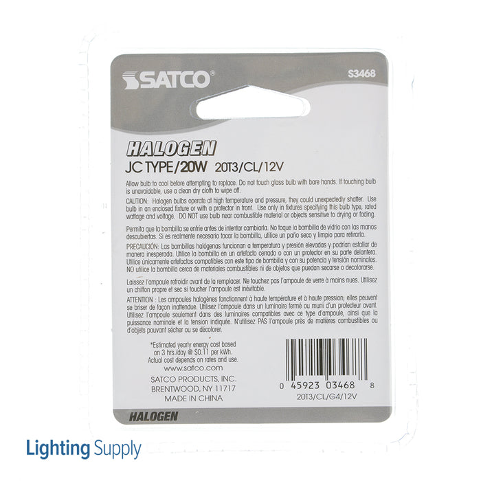 SATCO/NUVO 20T3/CL 20W Halogen T3 Clear 2000 Hours 300Lm Bi-Pin G4 Base 12V 2900K (S3468)