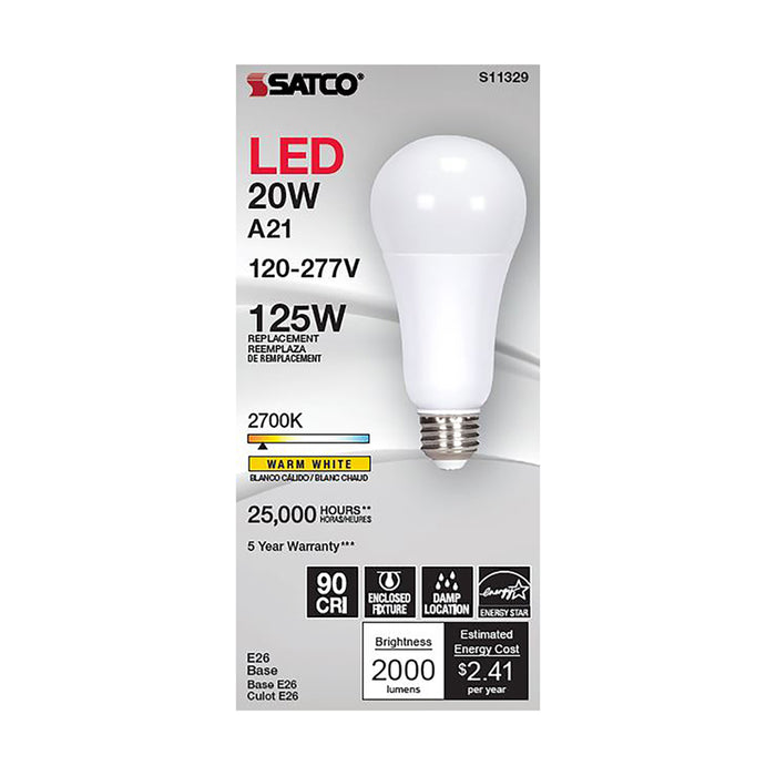 SATCO/NUVO 20W A21 LED 2700K Medium Base 220 Degree Beam Spread 120-277V (S11329)
