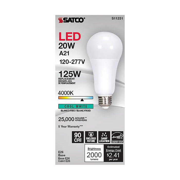 SATCO/NUVO 20W A21 LED 4000K Medium Base 220 Degree Beam Spread 120-277V (S11331)