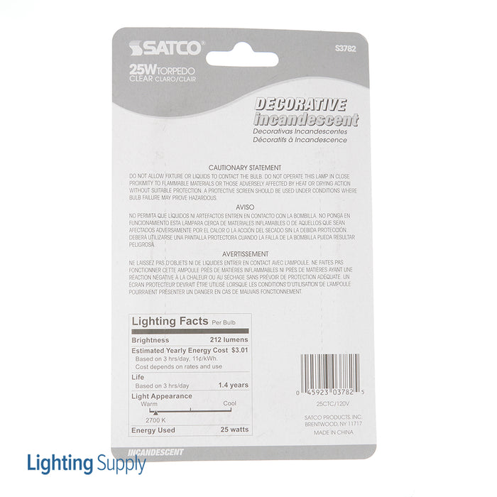 SATCO/NUVO 25BA9 1/2 25W BA9 1/2 Incandescent Clear 1500 Hours 212Lm Candelabra Base 120V 2 Per Card 2700K (S3782)