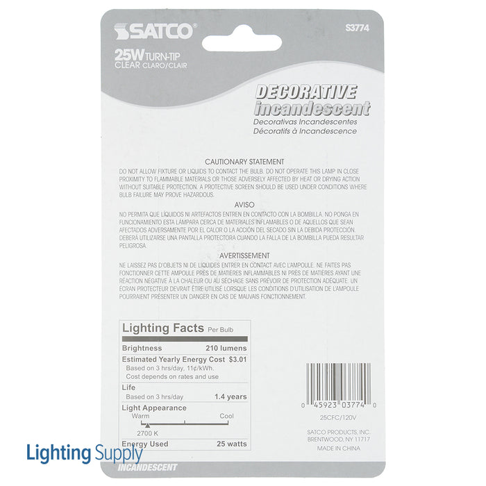 SATCO/NUVO 25CA8 25W CA8 Incandescent Clear 1500 Hours 210Lm Candelabra Base 120V 2 Per Card 2700K (S3774)