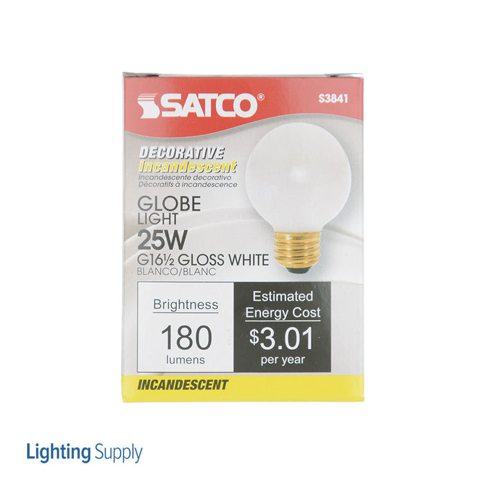 SATCO/NUVO 25G16 1/2/W 25W G16 1/2 Incandescent Gloss White 1500 Hours 180Lm Medium Base 120V 2700K (S3841)