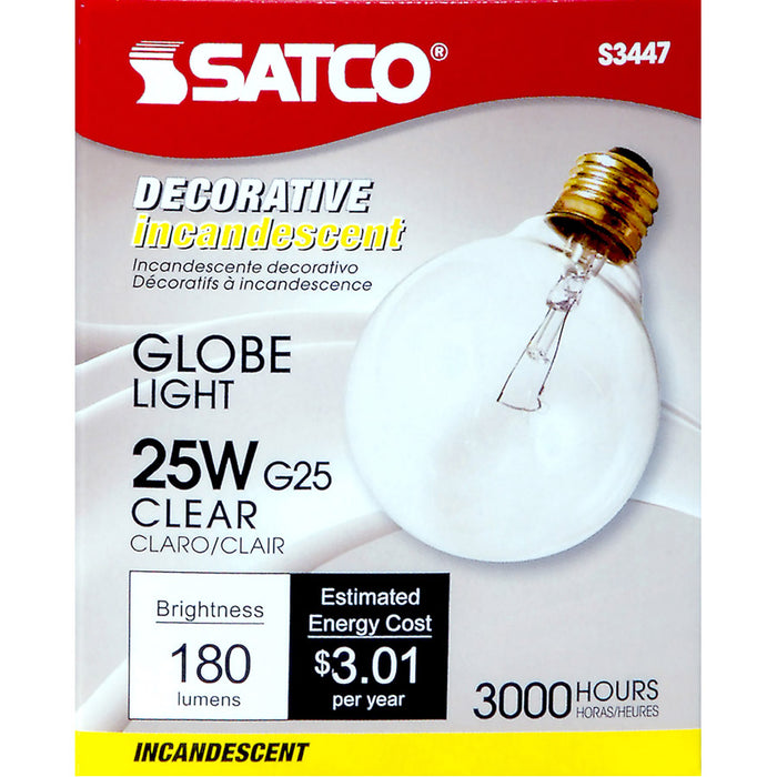 SATCO/NUVO 25G25 25W G25 Incandescent Clear 3000 Hours 180Lm Medium Base 120V 2700K (S3447)
