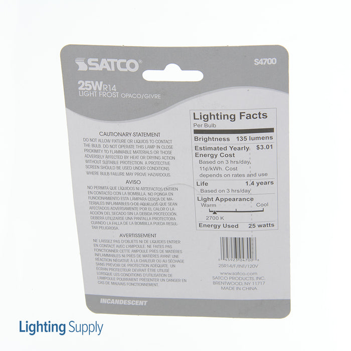 SATCO/NUVO 25R14N 25W R14 Incandescent Frost 1500 Hours 135Lm Intermediate Base 120V 2700K (S4700)