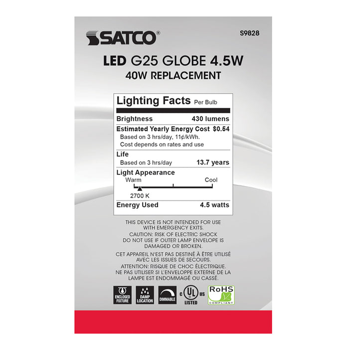 SATCO/NUVO 4.5G25/SLV/LED/E26/27K/120V 4.5W G25 LED Silver Crown Medium Base 2700K 430Lm 120V (S9828)