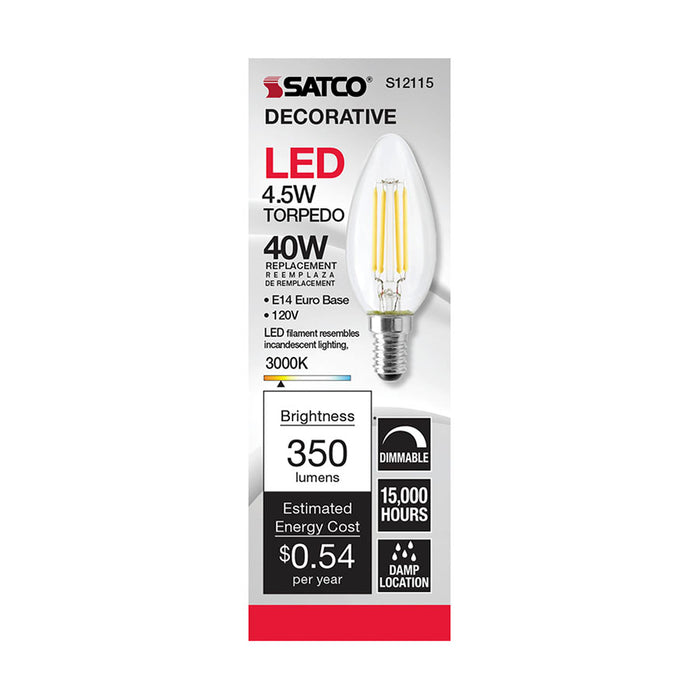 SATCO/NUVO 4.5W B11 LED Clear 350Lm 3000K European Base 120V (S12115)