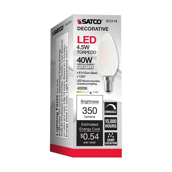 SATCO/NUVO 4.5W B11 LED Frosted 350Lm 4000K European Base 120V (S12118)