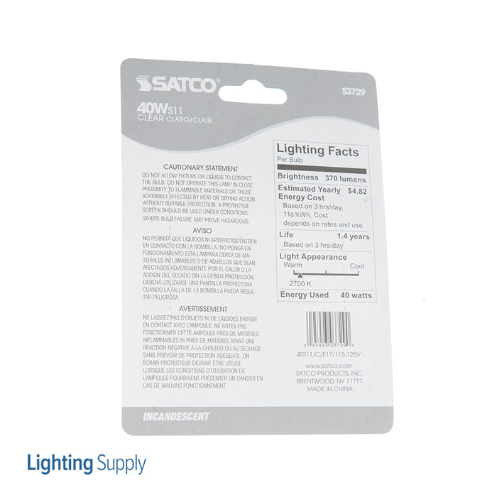 SATCO/NUVO 40S11/N 40W S11N Incandescent Clear 1500 Hours 370Lm Intermediate Base 120V Carded 2700K (S3729)