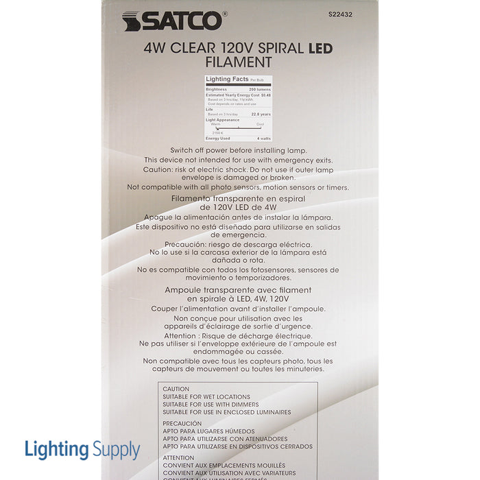 SATCO/NUVO 4BT56/LED/CL/E26/VINTAGE/120V 4W BT56 LED Vintage Style Clear 25000 Hours Medium Base 120V 2150K (S22432)
