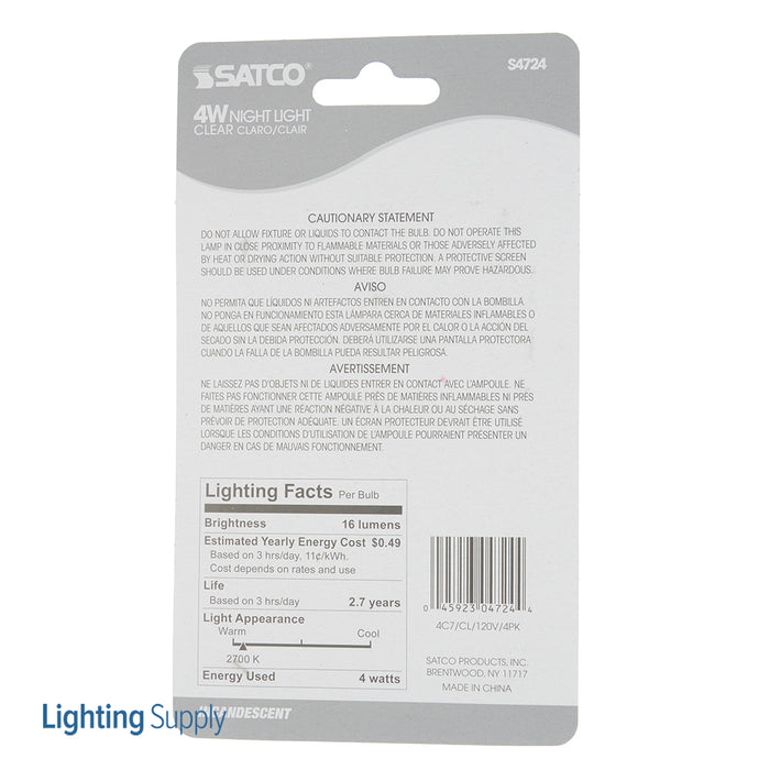 SATCO/NUVO 4C7 4W C7 Incandescent Clear 3000 Hours 16Lm Candelabra Base 120V 4/Card 2700K (S4724)