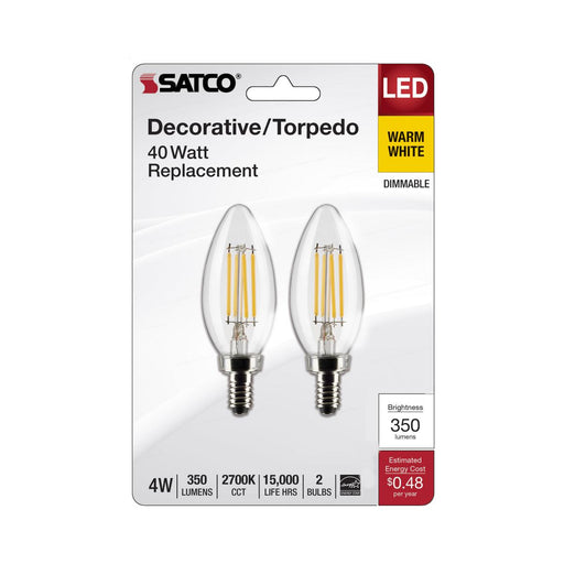 SATCO/NUVO 4W B11 LED Clear Candelabra E12 Base 3000K 350Lm 120V 2-Pack (S21819)