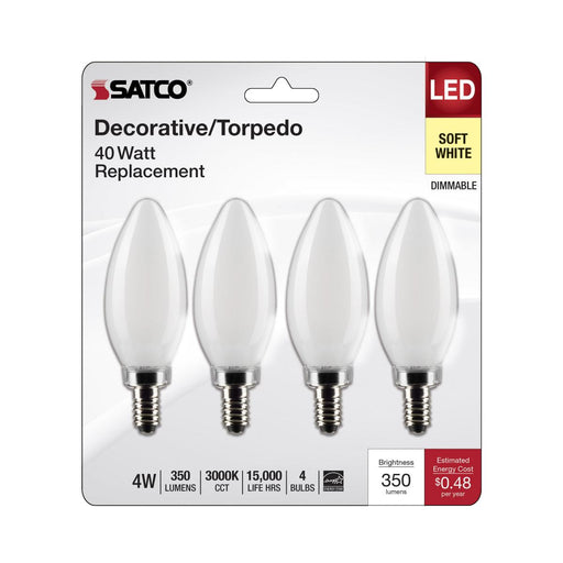 SATCO/NUVO 4W B11 LED Frosted Candelabra E12 Base 3000K 350Lm 120V 4-Pack (S21825)