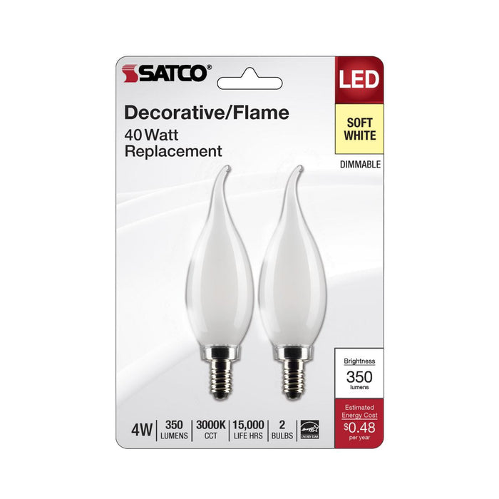 SATCO/NUVO 4W CA10 LED Frosted Candelabra E12 Base 3000K 350Lm 120V 2-Pack (S21844)