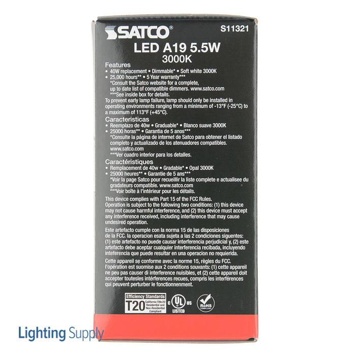 SATCO/NUVO 5.5W A19 LED 3000K Medium Base 220 Degree Beam Spread 120V (S11321)