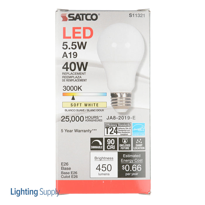 SATCO/NUVO 5.5W A19 LED 3000K Medium Base 220 Degree Beam Spread 120V (S11321)
