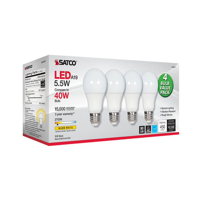 SATCO/NUVO 5.5W A19 LED Frosted 2700K Medium Base 120V 4-Pack (S28557)