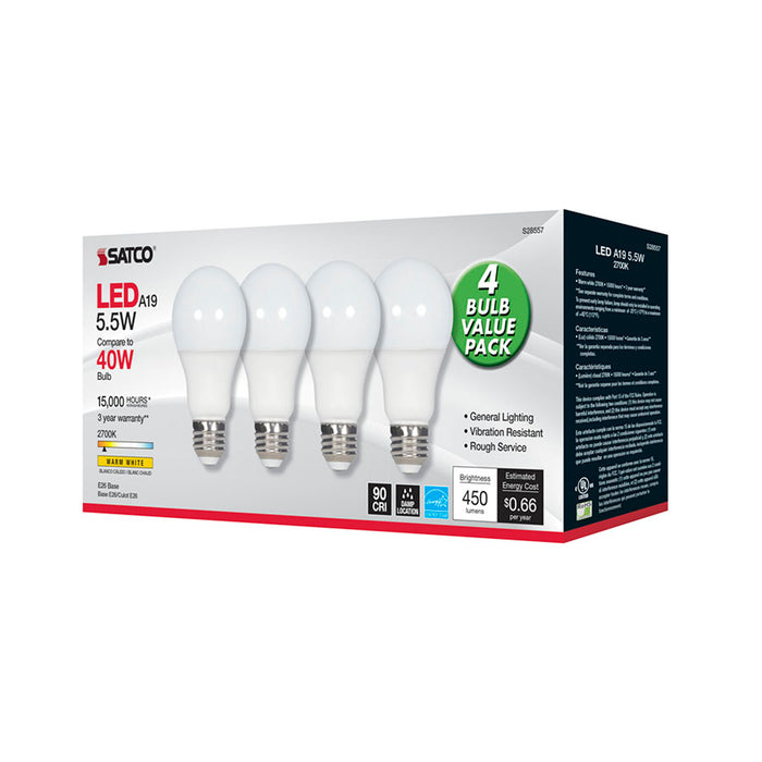 SATCO/NUVO 5.5W A19 LED Frosted 2700K Medium Base 120V 4-Pack (S28557)