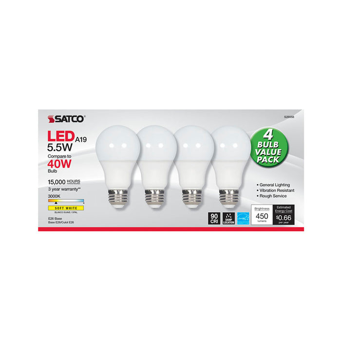 SATCO/NUVO 5.5W A19 LED Frosted 3000K Medium Base 120V 4-Pack (S28558)