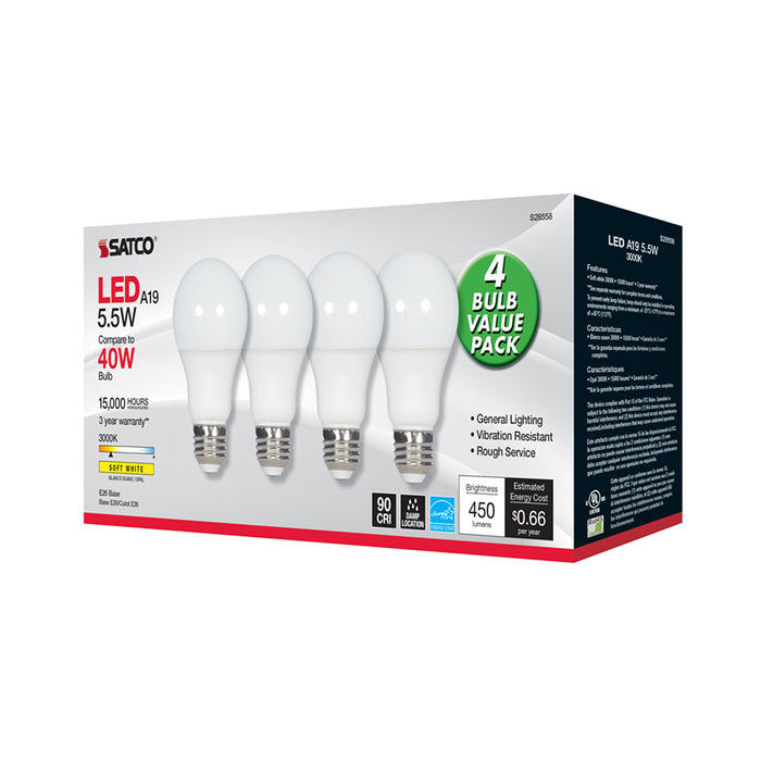 SATCO/NUVO 5.5W A19 LED Frosted 3000K Medium Base 120V 4-Pack (S28558)