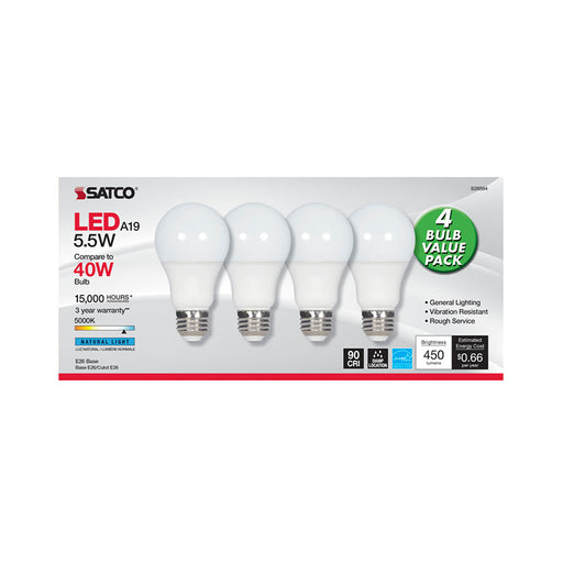 SATCO/NUVO 5.5W A19 LED Frosted 5000K Medium Base 120V 4-Pack (S28594)