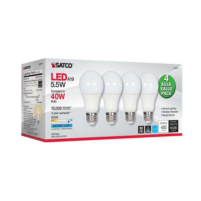 SATCO/NUVO 5.5W A19 LED Frosted 5000K Medium Base 120V 4-Pack (S28594)