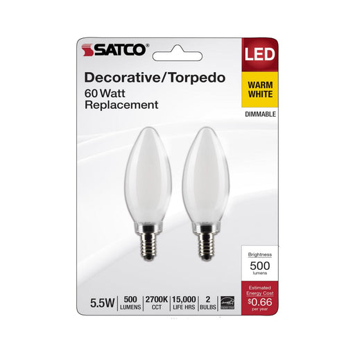 SATCO/NUVO 5.5W B11 LED Frosted Candelabra E12 Base 2700K 500Lm 120V 2-Pack (S21830)