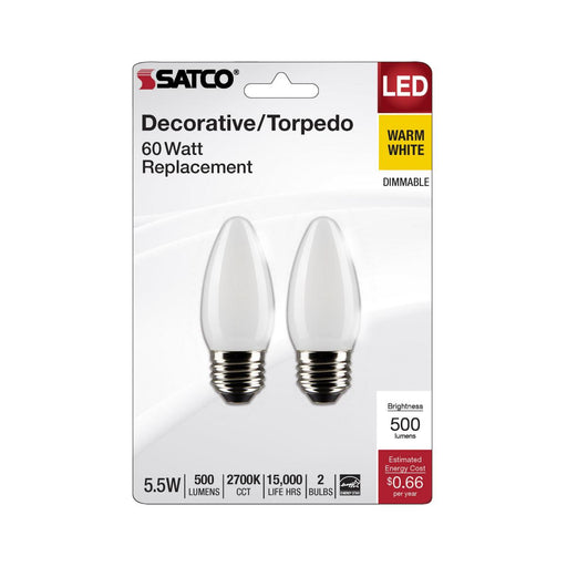 SATCO/NUVO 5.5W B11 LED Frosted Medium Base 2700K 500Lm 120V 2-Pack (S21838)