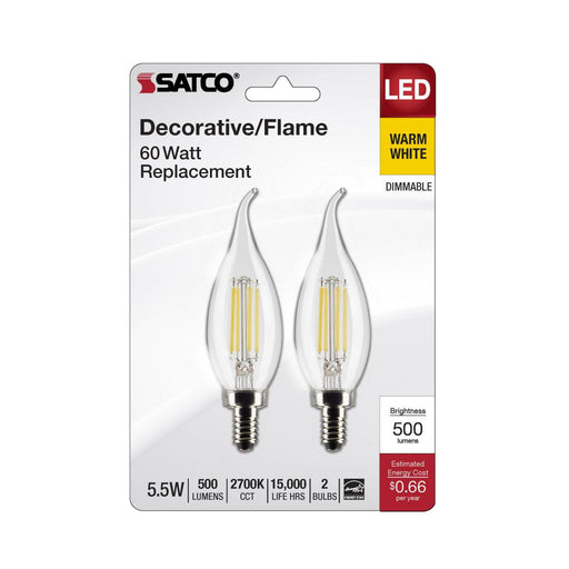 SATCO/NUVO 5.5W CA10 LED Clear Candelabra E12 Base 2700K 500Lm 120V 2-Pack (S21846)