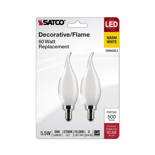 SATCO/NUVO 5.5W CA10 LED Frosted Candelabra E12 Base 2700K 500Lm 120V 2-Pack (S21847)