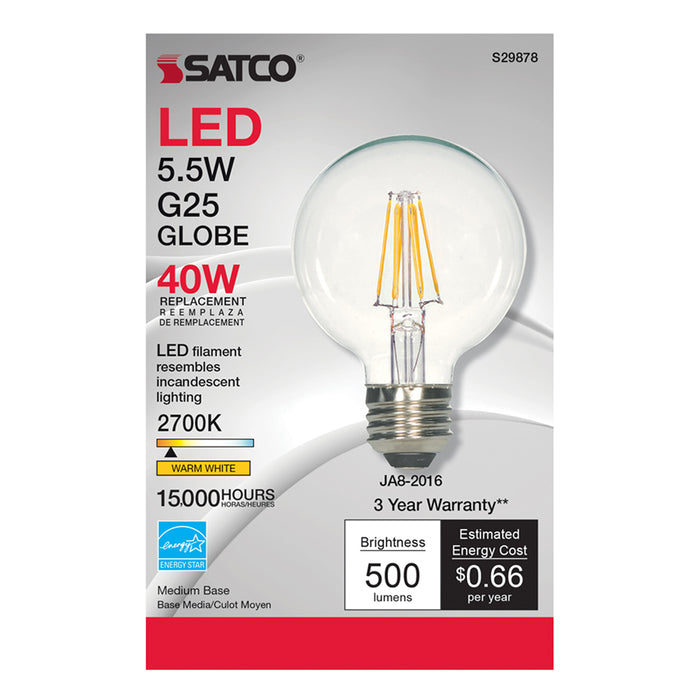 SATCO/NUVO 5.5W G25 LED Clear Medium Base 2700K 500Lm 120V (S29878)