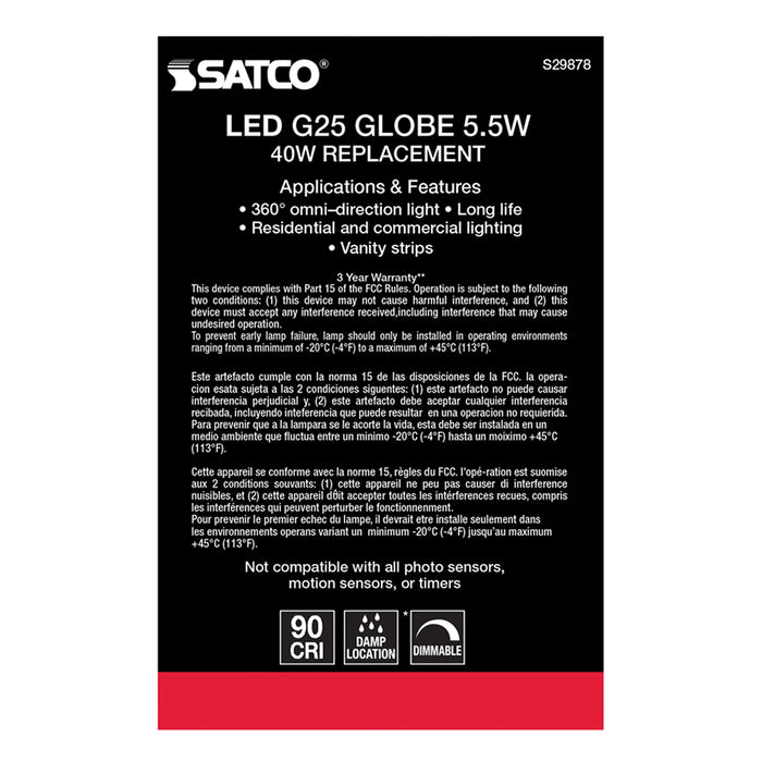 SATCO/NUVO 5.5W G25 LED Clear Medium Base 2700K 500Lm 120V (S29878)