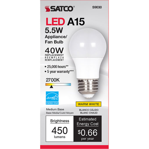 SATCO/NUVO 5.5W LED 120V A15 2700K Medium Base Frosted Lamp (S9030)