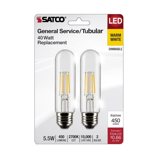 SATCO/NUVO 5.5W T10 LED Clear Medium Base 2700K 450Lm 120V 2-Pack (S21862)