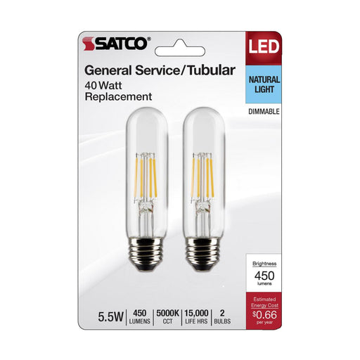 SATCO/NUVO 5.5W T10 LED Clear Medium Base 5000K 450Lm 120V 2-Pack (S21863)