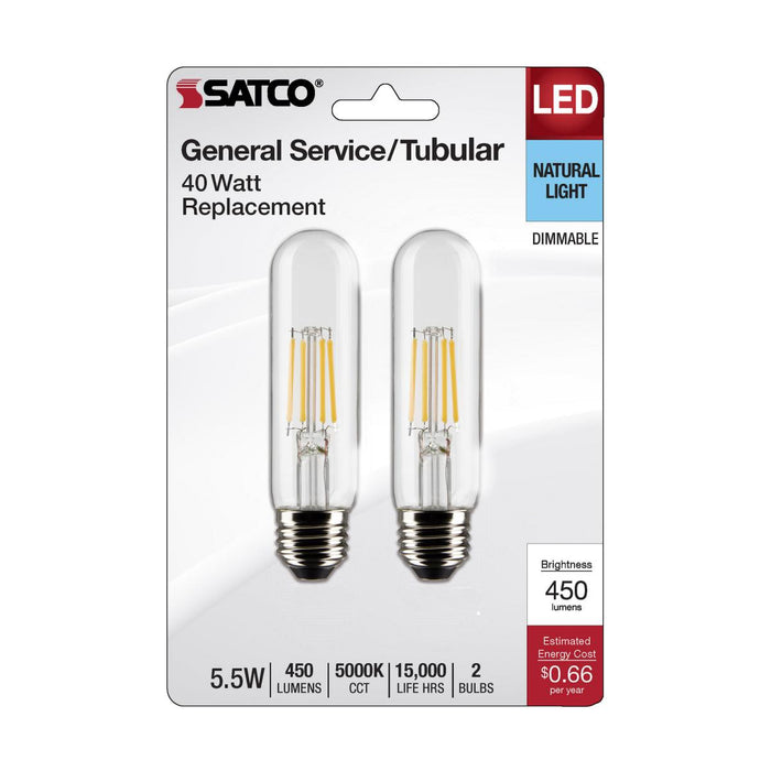 SATCO/NUVO 5.5W T10 LED Clear Medium Base 5000K 450Lm 120V 2-Pack (S21863)
