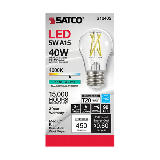 SATCO/NUVO 5W LED A15 Clear Medium Base 4000K 90 CRI 120V (S12402)