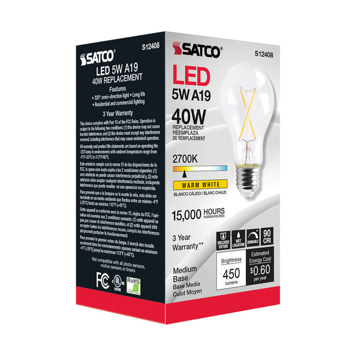 SATCO/NUVO 5W LED A19 Clear Medium Base 2700K 90 CRI 120V (S12408)
