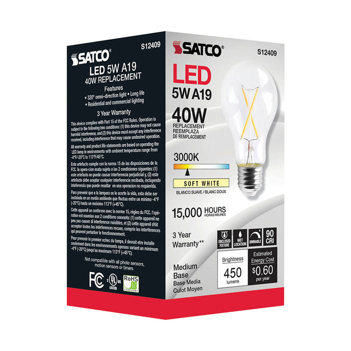 SATCO/NUVO 5W LED A19 Clear Medium Base 3000K 90 CRI 120V (S12409)