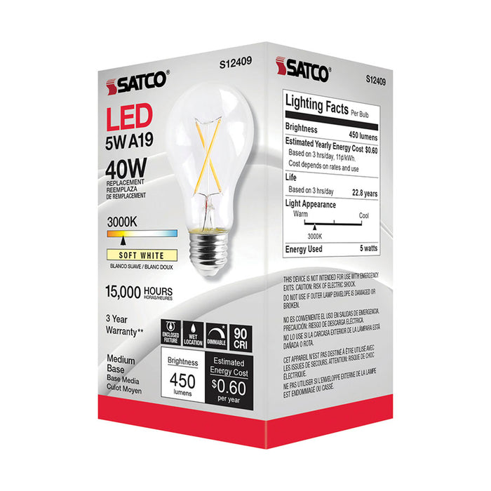 SATCO/NUVO 5W LED A19 Clear Medium Base 3000K 90 CRI 120V (S12409)