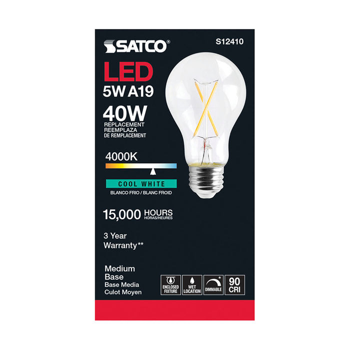 SATCO/NUVO 5W LED A19 Clear Medium Base 4000K 90 CRI 120V (S12410)