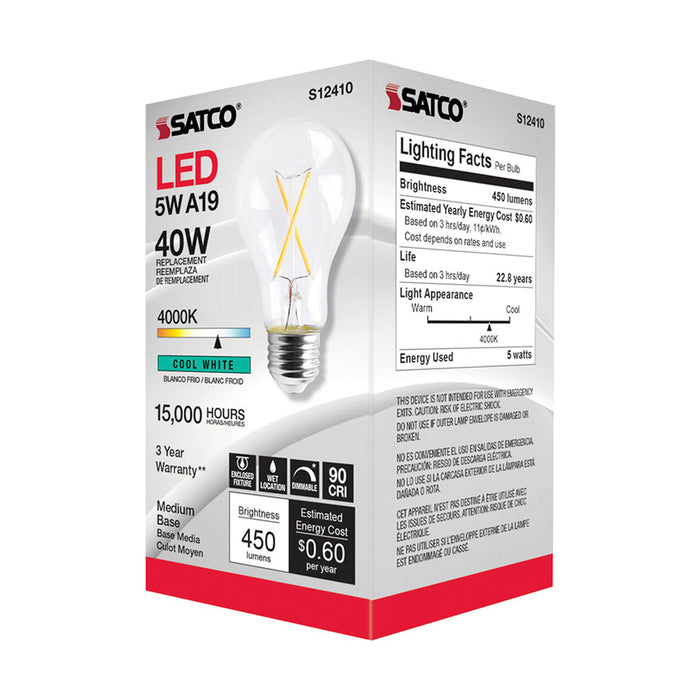 SATCO/NUVO 5W LED A19 Clear Medium Base 4000K 90 CRI 120V (S12410)