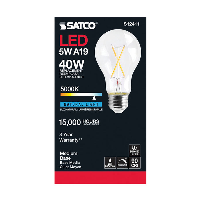 SATCO/NUVO 5W LED A19 Clear Medium Base 5000K 90 CRI 120V (S12411)